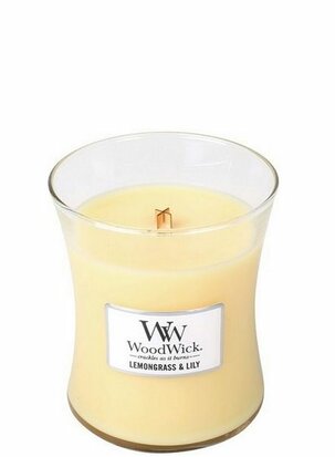 Woodwick Lemongrass & Lily medium candle.