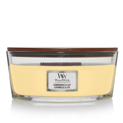 Woodwick Lemongrass & Lily Ellipse candle.