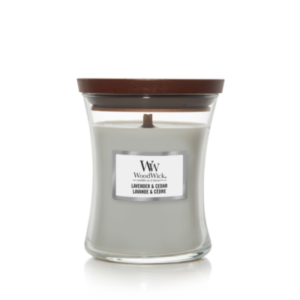 Woodwick Lavender & Cedar medium candle.