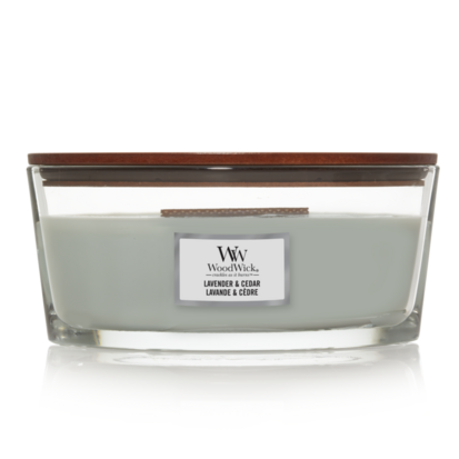 Woodwick Lavender & Cedar Ellipse candle.