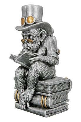 Poly Skulptur "Steampunk reading ape" Lezende aap.