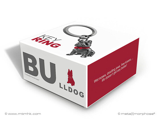 Sleutelhanger  Bulldog met rood strikje.