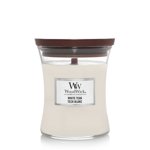WOODWICK GEUR VAN DE MAAND OKTOBER Woodwick White Teak Medium Candle
