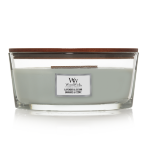 Woodwick Lavender & Cedar Ellipse candle.
